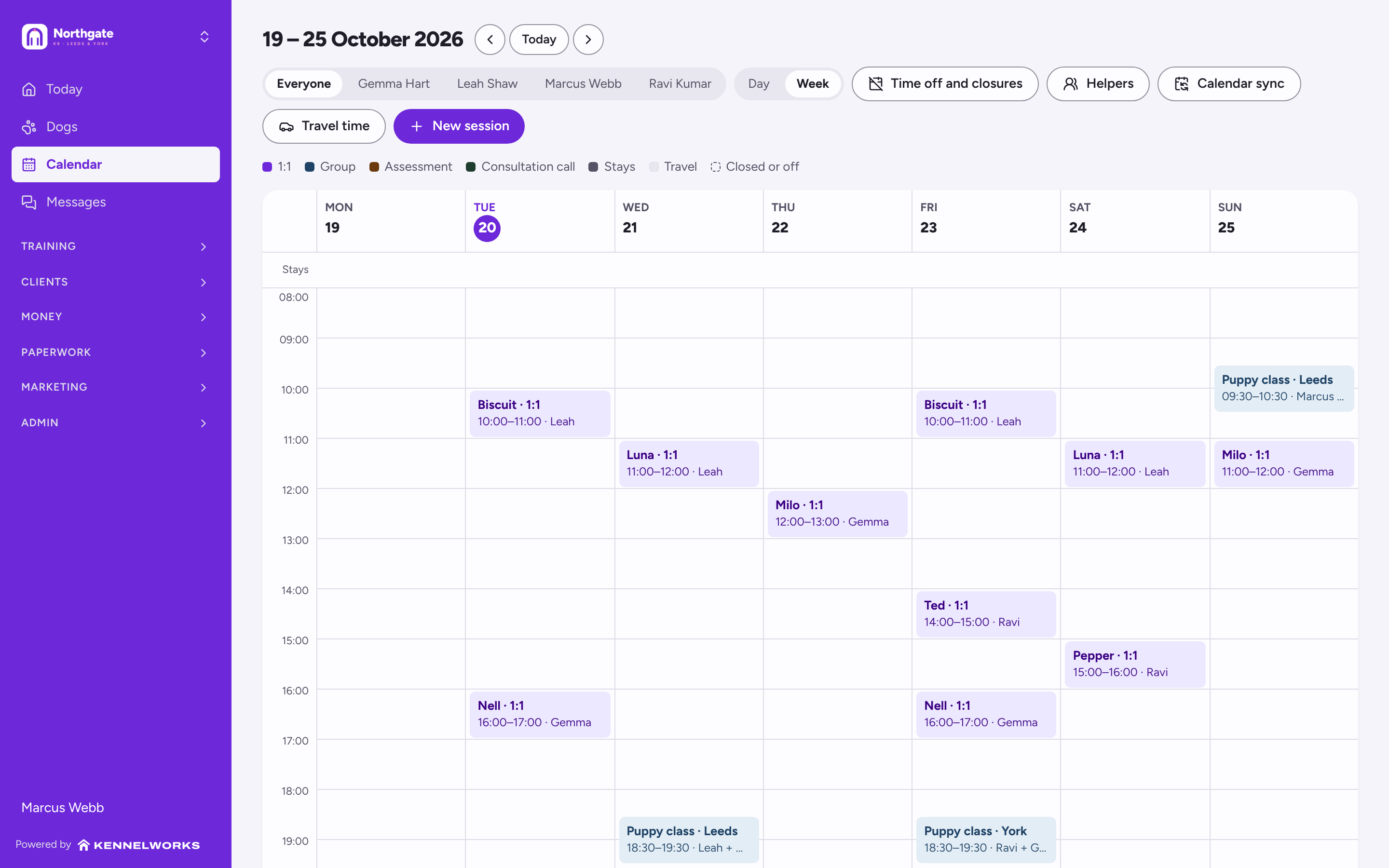 Kennelworks week calendar for Northgate K9, with one-to-ones for each trainer and puppy classes at its Leeds and York sites