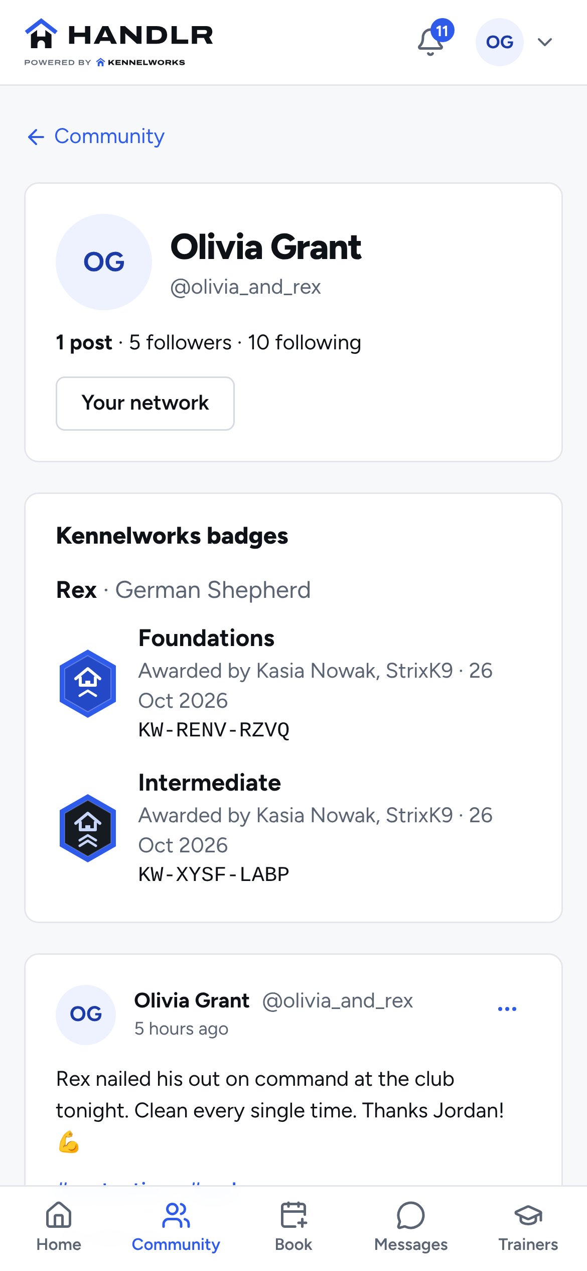 Olivia’s Handlr profile, with Foundations and Intermediate badges for Rex, her German Shepherd, awarded by Kasia Nowak at StrixK9, each with its own verification code