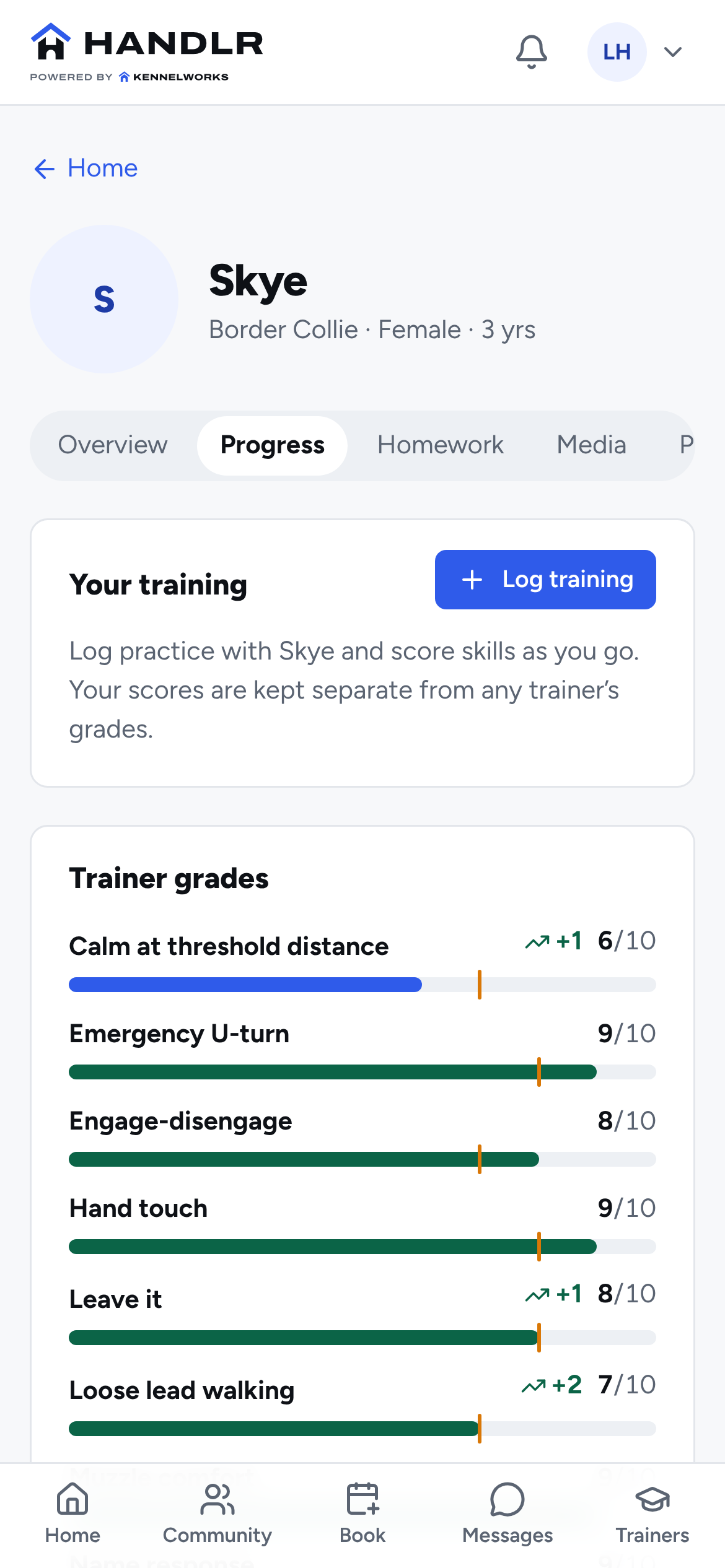 Skye’s progress in Handlr, with her owner’s own training log and each trainer grade from Steady Paws Behaviour against its target