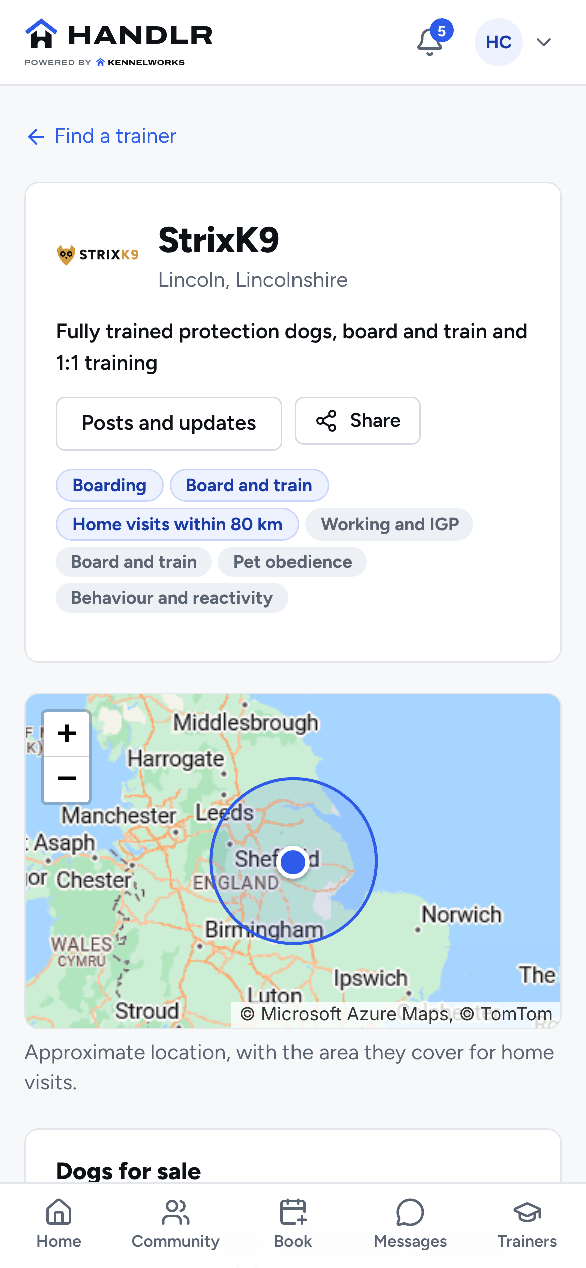 StrixK9’s page in Handlr, with what they offer and a map of the area around Lincoln they cover for home visits