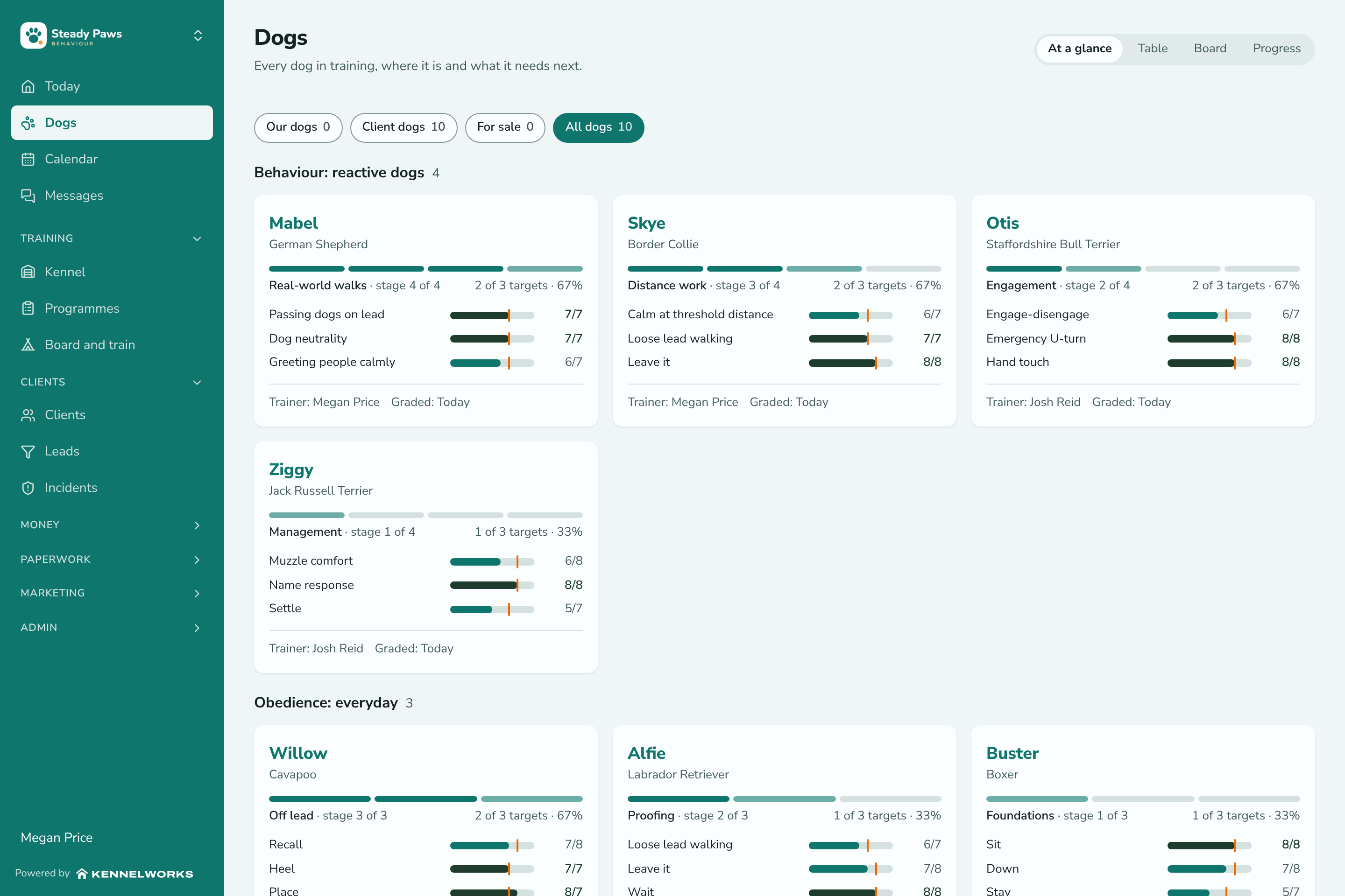 Kennelworks Dogs page branded for Steady Paws Behaviour: client dogs on reactive dog, puppy foundations and everyday obedience programmes, with scores against targets