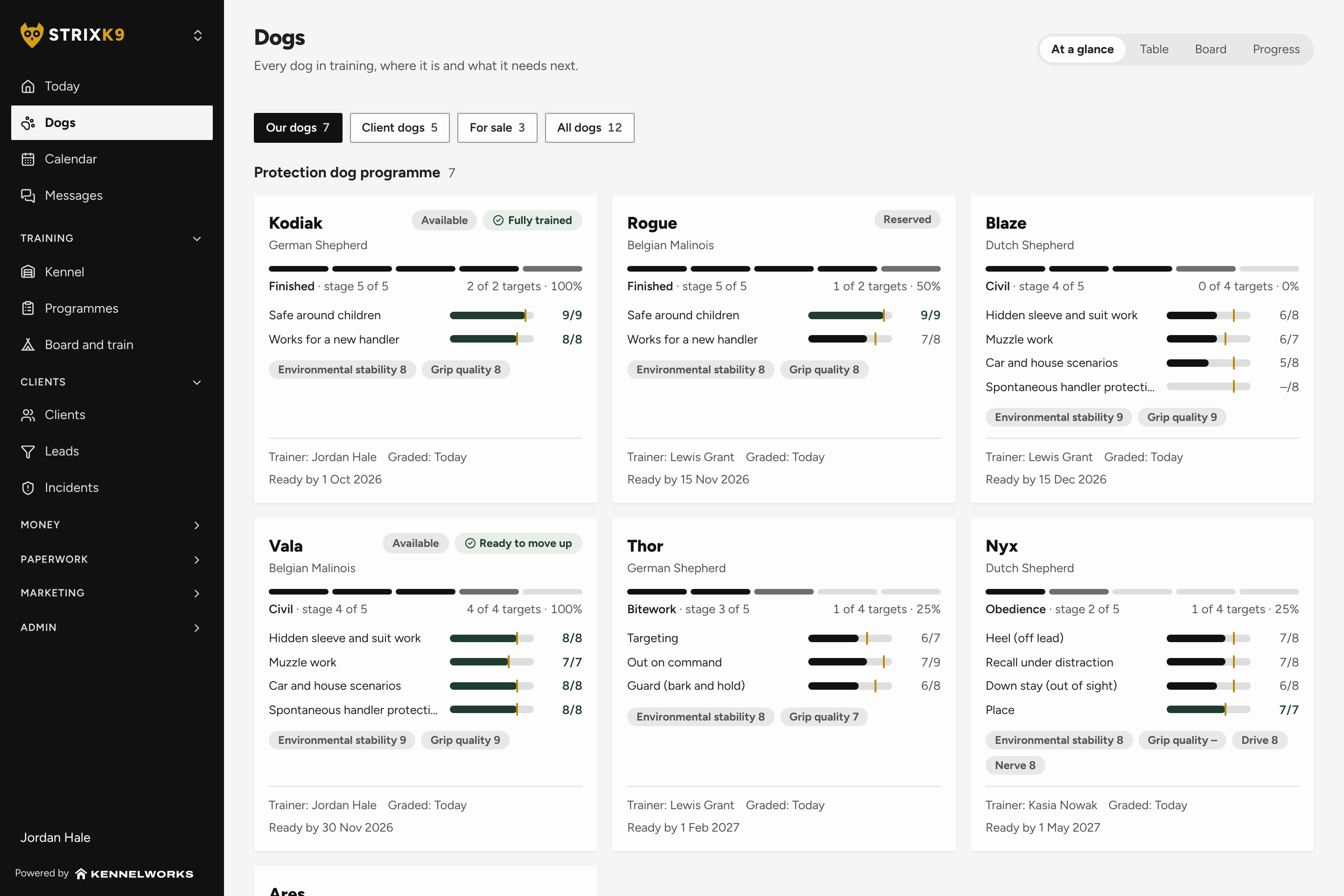 Kennelworks Dogs page branded for StrixK9, a protection dog business: Kodiak, Rogue, Blaze, Vala, Thor and Nyx, each with their stage, skill scores against targets, trainer and ready-by date